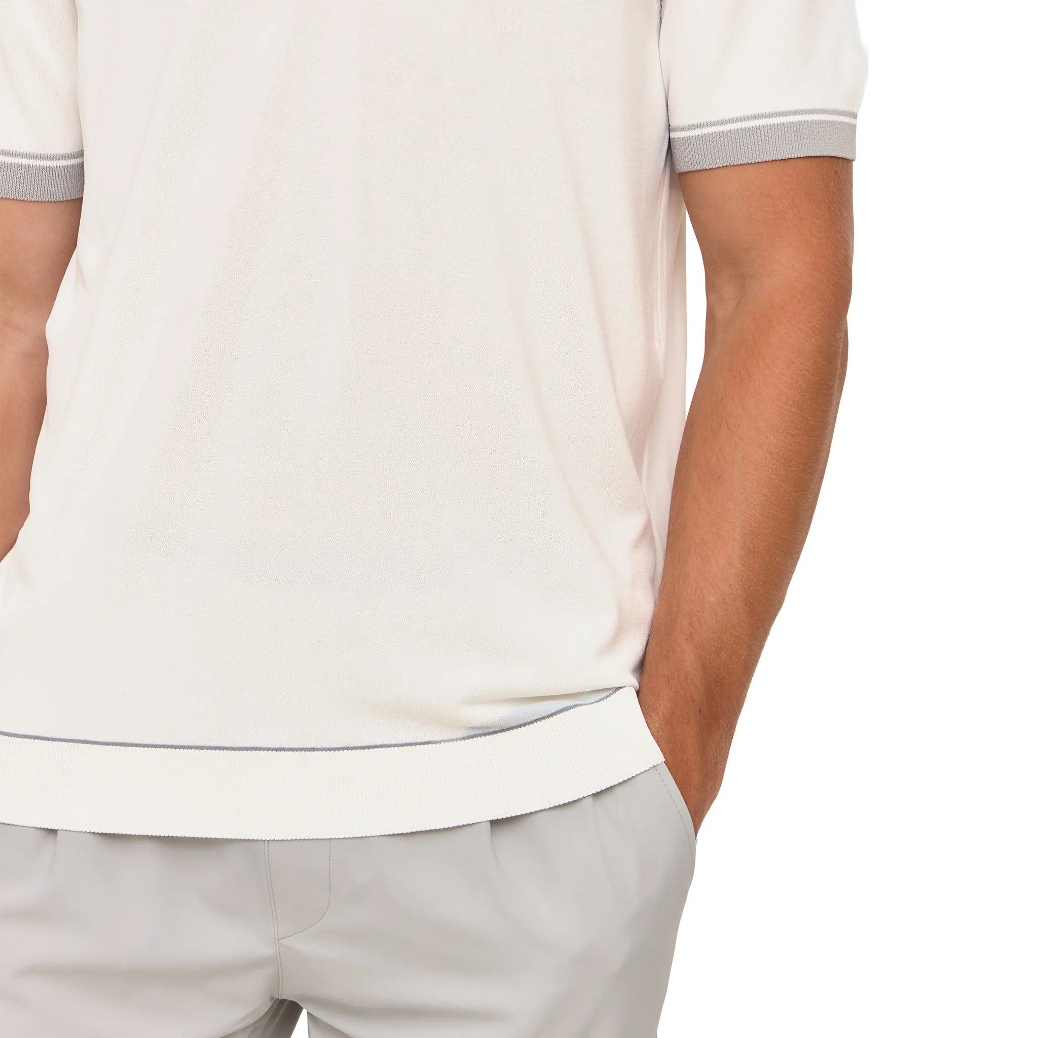 Front Detailed View of Loiano Rayon Knit White Polo Shirt